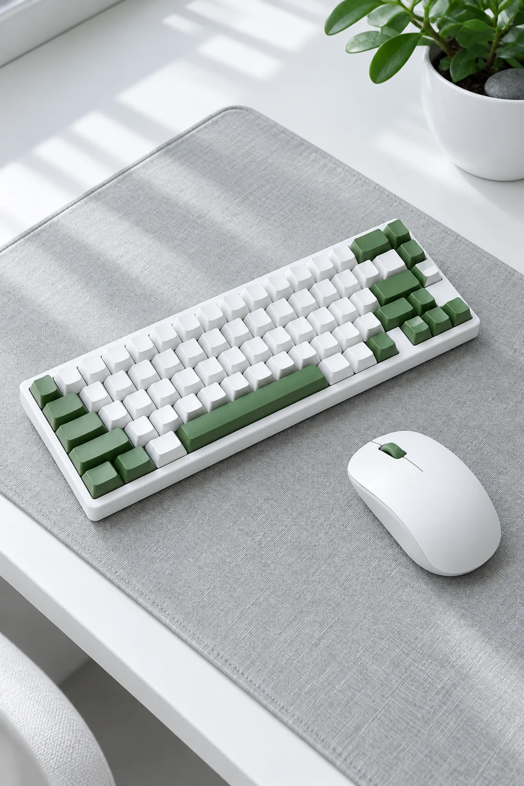 White and cool green keyboard and mouse on a pale grey mat and white desk