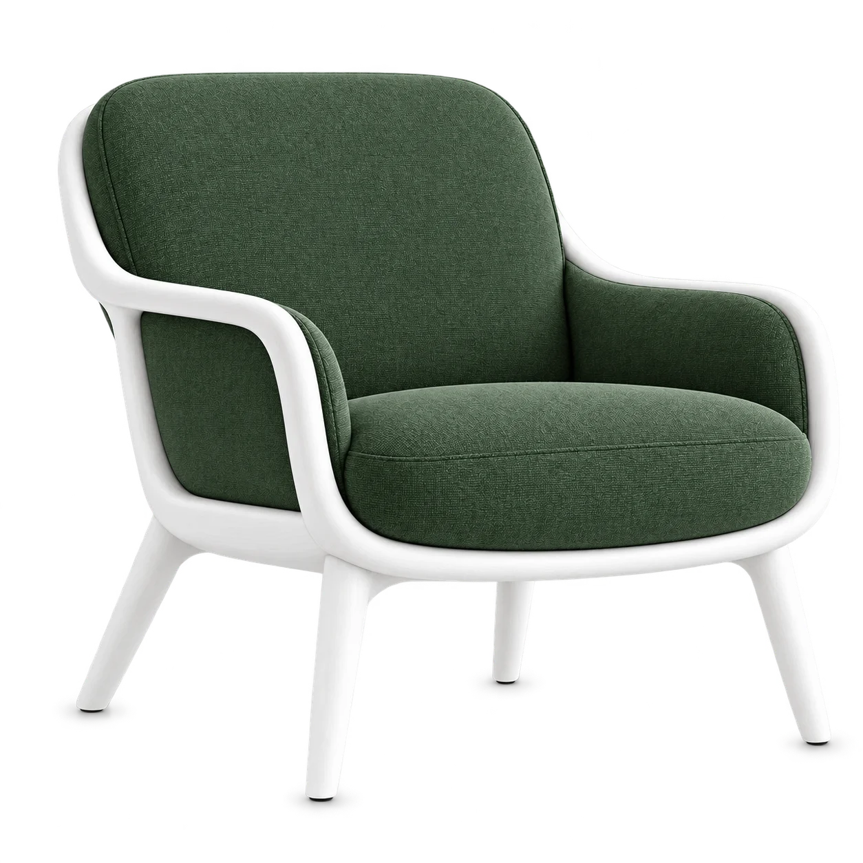 Cool forest green upholstered lounge chair with a white lacquered frame