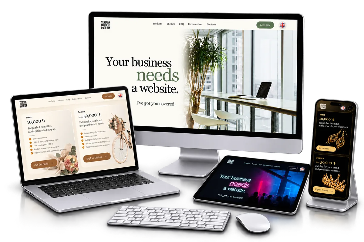 Four website designs: a light homepage on a monitor, flowers on a laptop, a neon page on a flat tablet and gold jewellery on a phone stand, with a keyboard and mouse