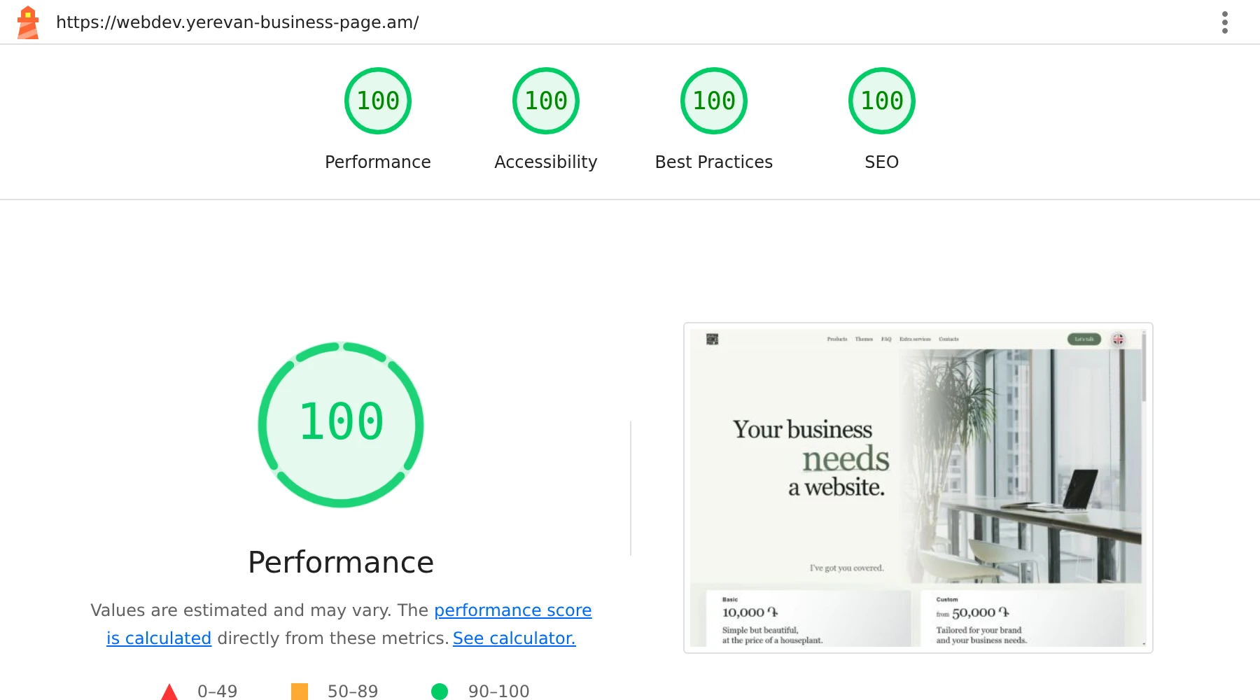 Open the desktop Lighthouse report: Performance 100, Accessibility 100, Best Practices 100, SEO 100