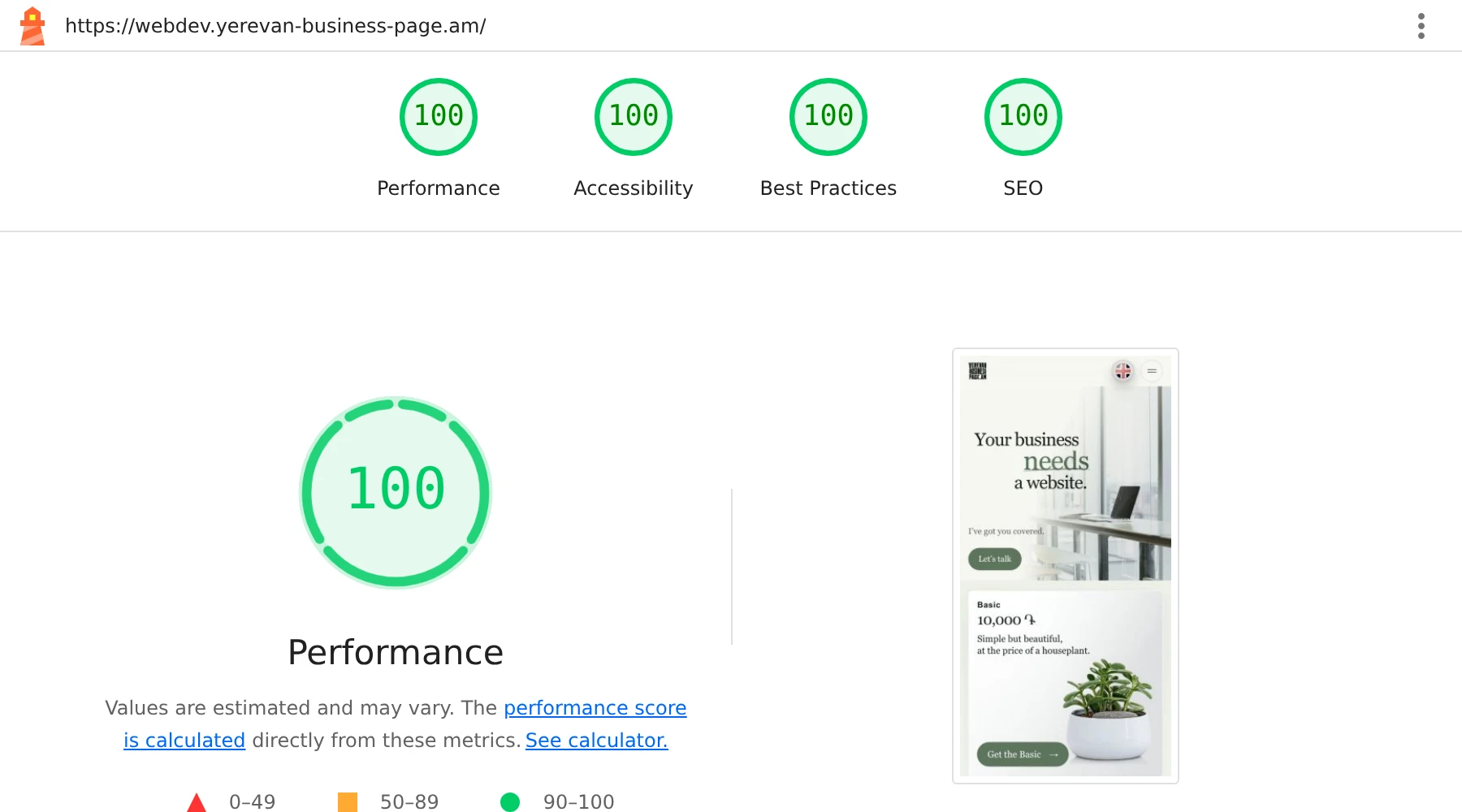 Open the mobile Lighthouse report: Performance 100, Accessibility 100, Best Practices 100, SEO 100